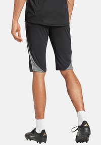 Schwarze Sportshorts zeichnen sich durch ein elegantes Design mit grauen Seitenelementen aus. Das Material wirkt leicht und eignet sich ideal für Sport und körperliche Aktivitäten.
