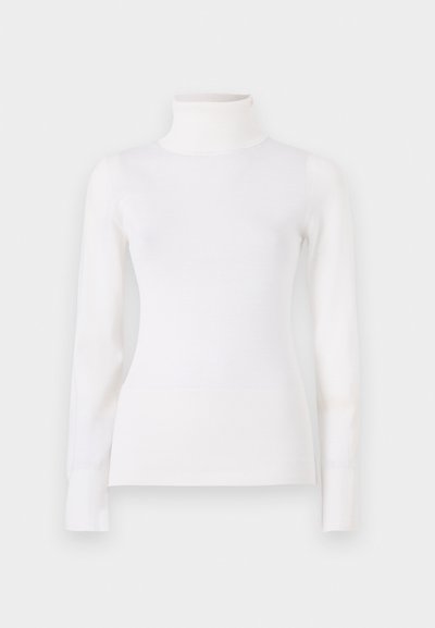 Valkoinen poolopaita, tiukka malli, pitkähiha, pehmeä kangas, sileä materiaali, vähäiset yksityiskohdat, ribbaatut hihansuut ja kaulus.