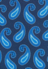 Blå paisleymönster på mörk marinblått tyg, med intrikata virvlar och prickar. Designen inkluderar olika nyanser av blått med vita accenter.