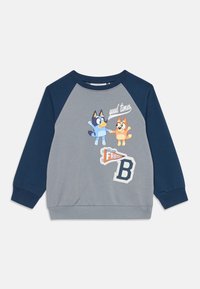 Felpa grigia con maniche raglan blu navy, caratterizzata da personaggi dei cartoni animati e dal testo "buoni tempi" con il dettaglio "Amici" e una lettera "B".