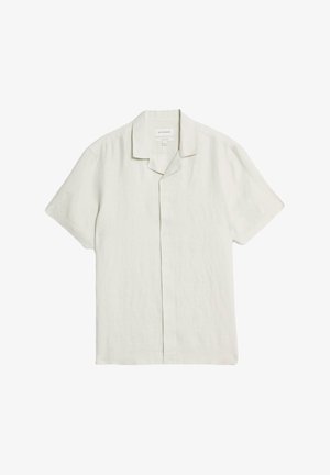 Koszula z krótkim rękawem, wykonana z jasnobeżowego lnu, z kołnierzem na guziki i luźnym krojem. Teksturowana tkanina o subtelnym, naturalnym wykończeniu.