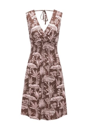 Brązowa sukienka bez rękawów z różowym wzorem tropikalnych drzew i roślin, dekoltem w kształcie litery V, wiązaniem z tyłu przy karku oraz marszczeniem w talii.