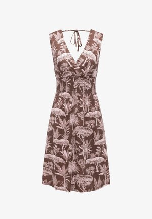 Ärmelloses braunes Kleid mit pinkem tropischem Baum- und Pflanzenmuster, V-Ausschnitt, Bindeband am Rückenausschnitt und geraffter Taillendetail.