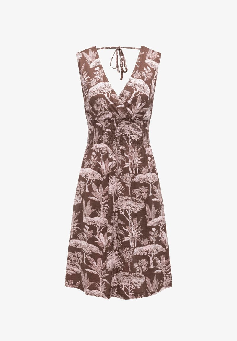 Robe marron sans manches avec motif tropical rose d'arbres et de plantes, col en V, fermeture par lien à l'encolure arrière, et détail de taille froncée.