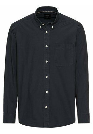 Dark blue button-up shirt with a collar, long sleeves, a front pocket, white buttons, and a subtle logo detail on the pocket.
