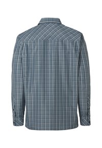 Chemise à manches longues avec motif à carreaux gris et bleu, vue de dos et du col sur fond blanc.