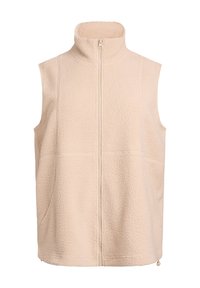 Beige fleece vest met hoge kraag, ritssluiting, twee voorzakken en een gestructureerd oppervlak. Heeft zijnaad voor extra structuur.