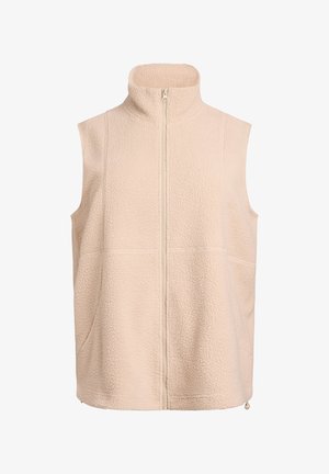 Beige fleecová vesta s vysokým límcem, zipovým zapínáním, dvěma předními kapsami a texturovaným povrchem. Obsahuje boční švy pro strukturu.