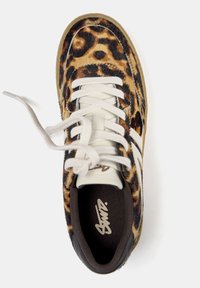 Sneaker with leopard print upper, white laces, white stripe details, and black inner lining, viewed from above on a white background.