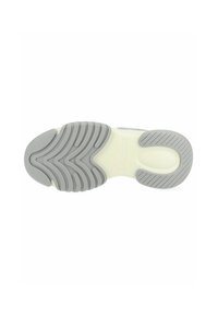 Suola di una sneaker con un motivo a ondulazione in gomma grigia, con una intersuola beige e il marchio in rilievo sulla parte inferiore.
