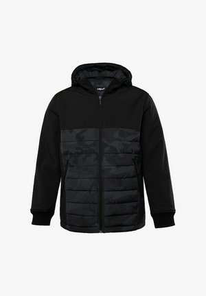 Czarna kurtka z kapturem, z zamkiem z przodu, elastycznymi mankietami i ocieplanym wzorem moro na dolnej części. Miękka, gładka tekstura.