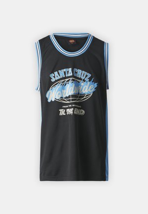 Mustamata korvpallivest mustade varrukatega, siniste aktsentidega ja triibulise kraega. Esiküljel on "Santa Cruz Worldwide" graafika hõbedase ja sinise värviga.