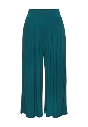 Teal wide-leg pants with a folded waistband and loose pleats, made from soft, flowy fabric.