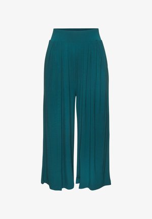 Weite, türkisfarbene Hose mit gefaltetem Bund und lockeren Falten, gefertigt aus weichem, fließendem Stoff.