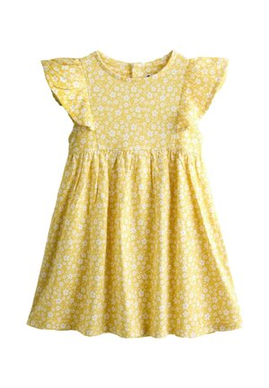 Žlté šaty pre batoľa s bielym kvetinovým vzorom, krátkymi volánovými rukávmi, naškrobeným pásom a zapínaním na gombíky vzadu.
