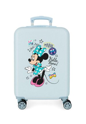Maleta rígida de color azul claro con cuatro ruedas, con Minnie Mouse vestida con un vestido azul de lunares y un lazo, rodeada de estrellas y texto.