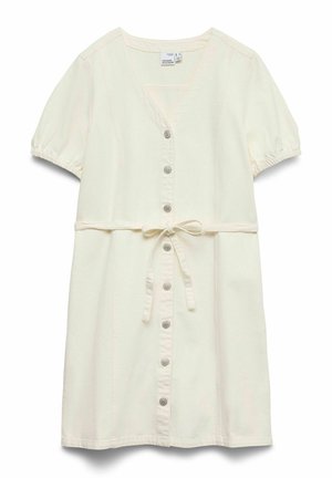 Puuvillane kleit, kreemjas värv, lühikesed puhviga varrukad, V-kaelus, ees nupud, kokkusurutud talje paelaga, nähtav õmblemine, lõdvestunud lõige.