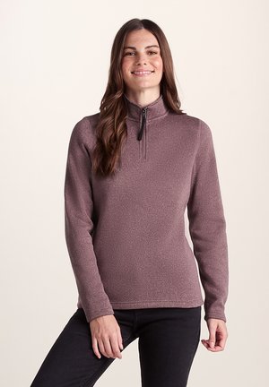 Light purple zip-up fleece pullover with a textured finish, stand collar, and long sleeves. Black zipper accent at the neck.