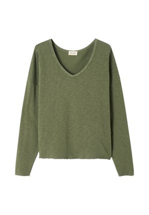 Olijf groene lange mouwen V-hals top met een relaxed fit, gemaakt van textuurstof; heeft een rechte zoom en brede mouwen.