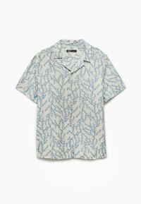 Chemise à manches courtes avec un motif de branches de corail bleu sur un tissu beige clair, col étalé et boutons blancs.