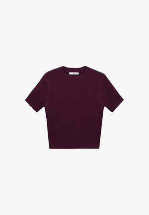 Maglione a maniche corte lavorato a maglia in un profondo bordeaux, con scollatura rotonda e texture a coste, dalla silhouette aderente e senza motivi visibili.