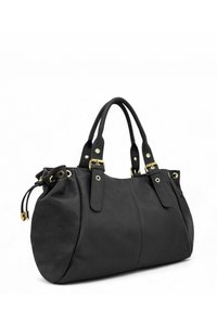 Sac à main en cuir noir avec une finition texturée, forme arrondie, deux poignées, quincaillerie dorée et détails de fermeture à cordon.