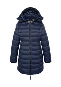 Manteau matelassé bleu marine avec capuche détachable, fermeture à glissière à l'avant et poignets côtelés. Présente des cloisons horizontales pour l'isolation et une finition lisse et brillante.