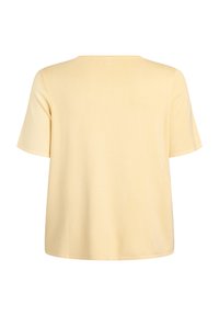 Gelbes T-Shirt mit kurzen Ärmeln, Rundhalsausschnitt, lässiger Passform, glatter Textur, mit Nahtdetail entlang der Nähte. Kein Druck oder Muster.