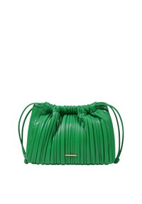 Borsa verde in pelle con un design plissettato, dotata di chiusura a cordoncino e di un piccolo accento dorato sul davanti. Texture liscia, forma arrotondata.