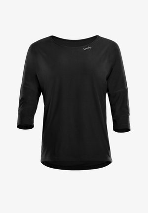 Top negru, cu mâneci lungi, decolteu rotund și mâneci răsucite. Fabricat dintr-un material neted, cu un logo subtil pe față.