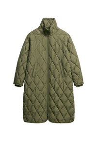 Manteau matelassé vert olive avec un col haut, fermeture éclair sur toute la longueur et poches latérales. Il présente un motif en losanges et des manches larges et amples.