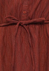 Φόρεμα σε χρώμα σκουριάς με υφή υφάσματος που έχει κυματιστά σχέδια, λεπτομέρεια με κουμπιά και ζώνη στη μέση δεμένη για τόνωση της σιλουέτας.