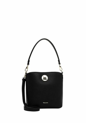 Black leather crossbody bag with a textured finish, featuring a detachable strap, a round metallic closure, and a subtle brand logo at the bottom.