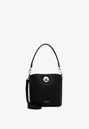 Black leather crossbody bag with a textured finish, featuring a detachable strap, a round metallic closure, and a subtle brand logo at the bottom.
