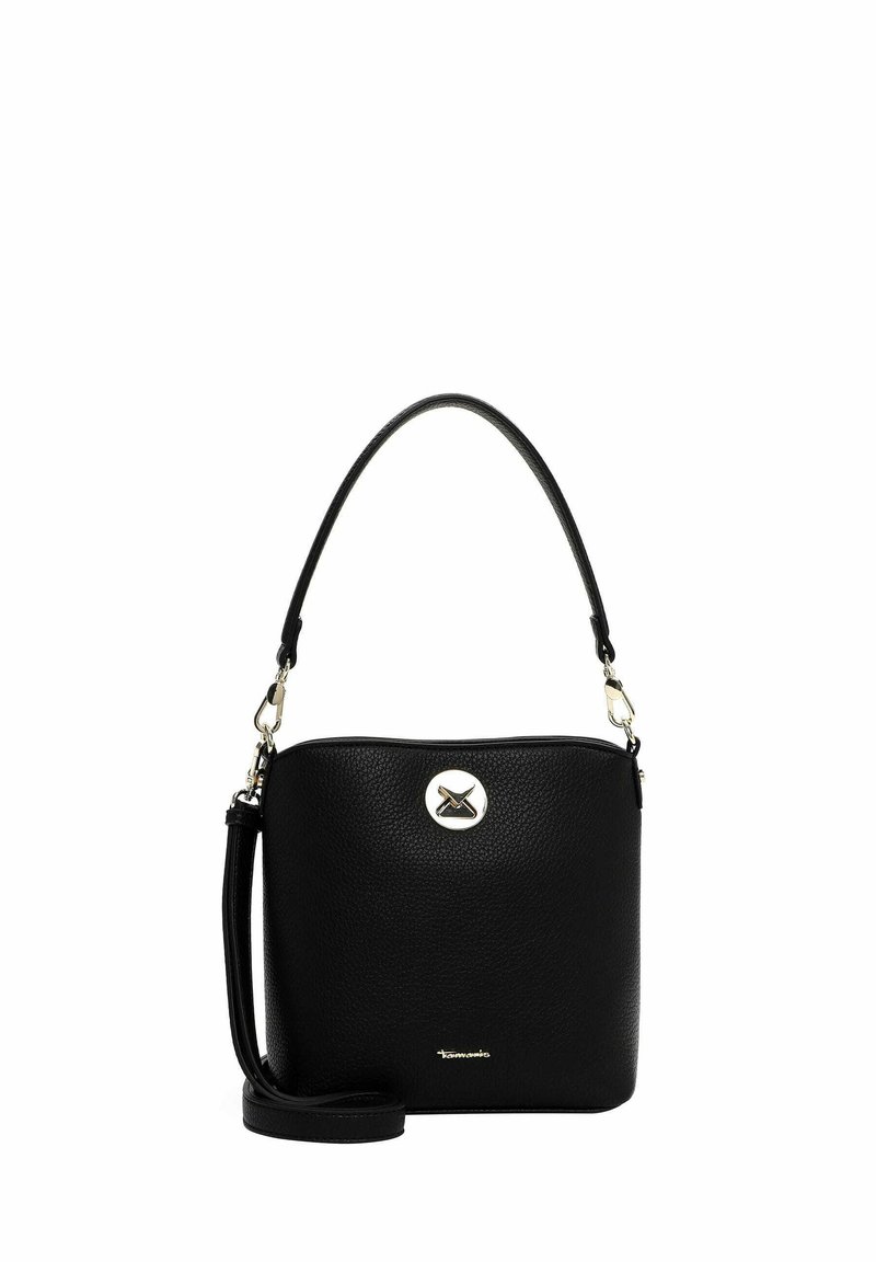 Black leather crossbody bag with a textured finish, featuring a detachable strap, a round metallic closure, and a subtle brand logo at the bottom.