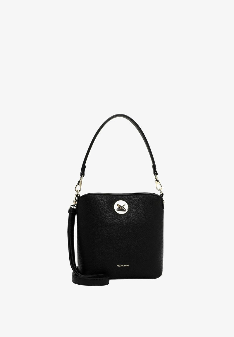 Black leather crossbody bag with a textured finish, featuring a detachable strap, a round metallic closure, and a subtle brand logo at the bottom.