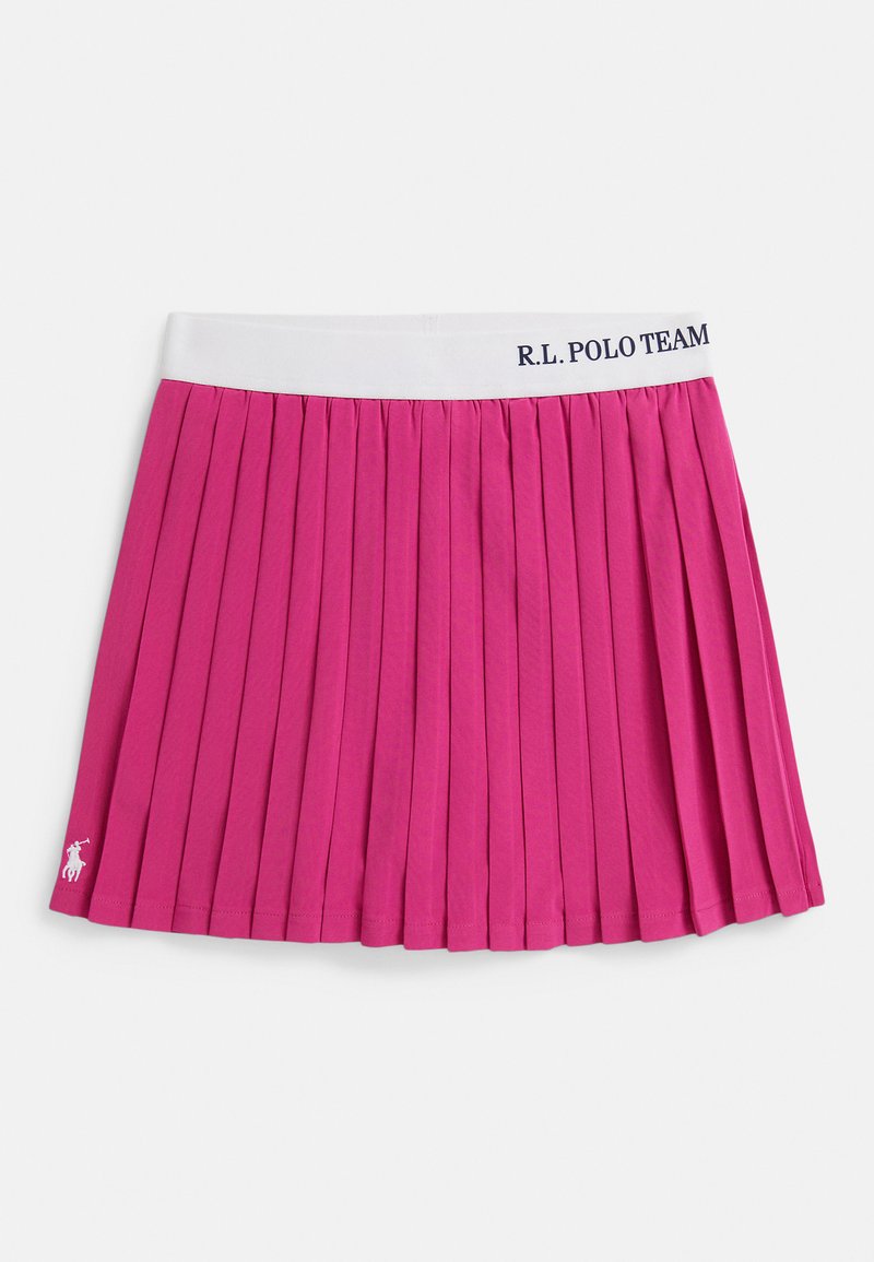 Élénk rózsaszín, redős teniszszoknya fehér elasztikus derékpánttal, rajta "R.L. POLO TEAM" felirattal és egy kis fehér logóval díszítve.