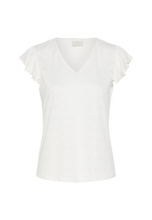 Valkoinen lyhythihainen paita V-pääntiellä, röyhelöhihasilla ja kankaan läpi kulkevalla hienovaraisella timantinmuotoisella rei'ityskuvioinnilla.
