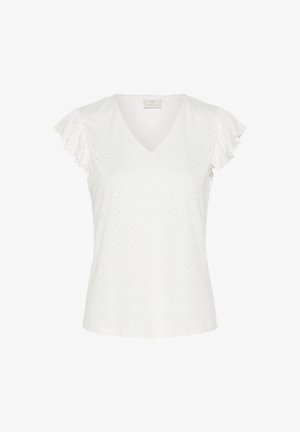 Valkoinen lyhythihainen paita V-pääntiellä, röyhelöhihasilla ja kankaan läpi kulkevalla hienovaraisella timantinmuotoisella rei'ityskuvioinnilla.