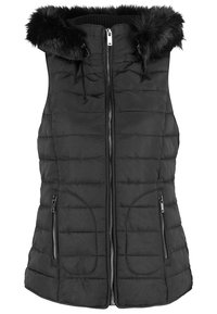 Černá bezrukávová péřová vesta s kapucí z umělé kožešiny, se zipem a dvěma bočními kapsami. Obsahuje prošívanou texturu a těsný střih.