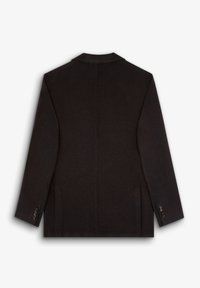 Blazer de color marrón oscuro con un patrón texturizado, abertura sencilla y dos botones en cada puño. La vista trasera muestra un ajuste entallado y la forma del cuello.