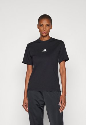 Black short-sleeve t-shirt in cotton material featuring a white Adidas logo on the chest and a round neckline.