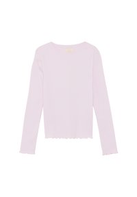 Top a maniche lunghe rosa chiaro in tessuto a costine con scollo rotondo e orlo smerlato. Design semplice con linea aderente, senza motivi visibili.