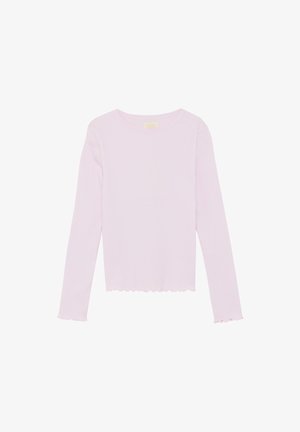 Ljusrosa långärmad topp med ribbad textur, rund halsringning och vågig fåll. Enkel design med figursydd passform, inga synliga mönster.