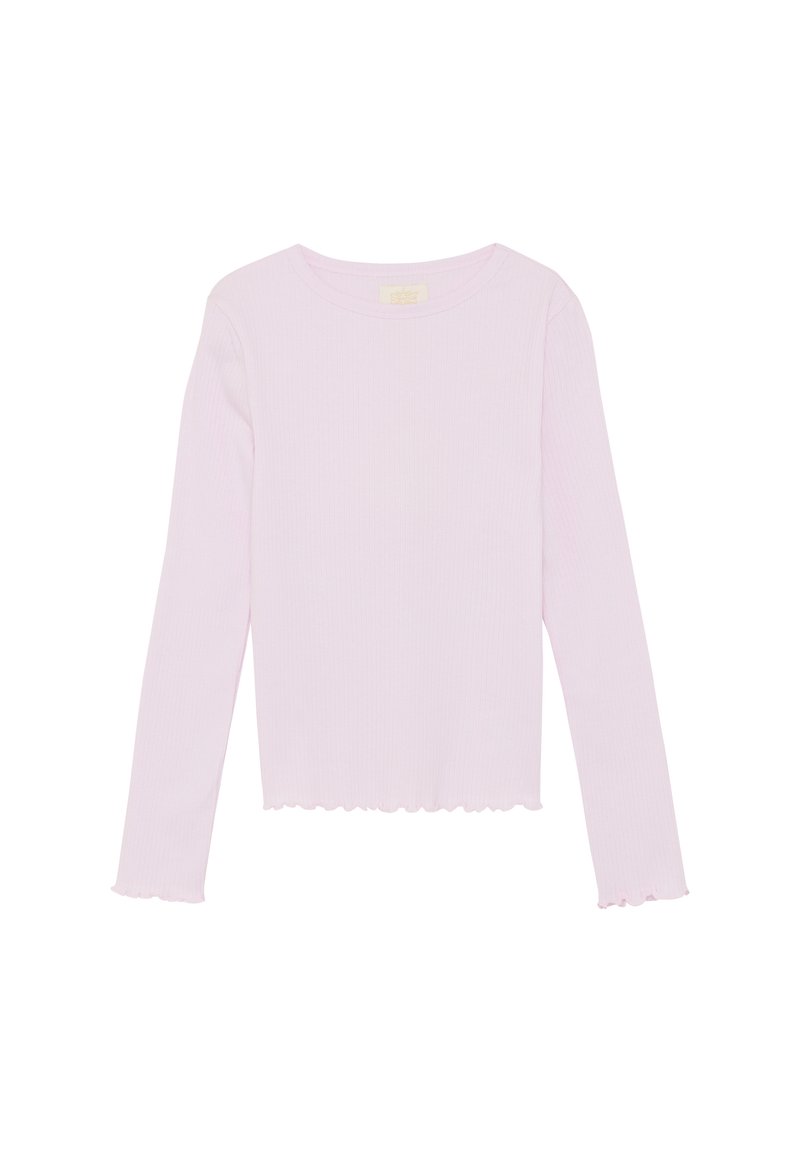 Top a maniche lunghe rosa chiaro in tessuto a costine con scollo rotondo e orlo smerlato. Design semplice con linea aderente, senza motivi visibili.