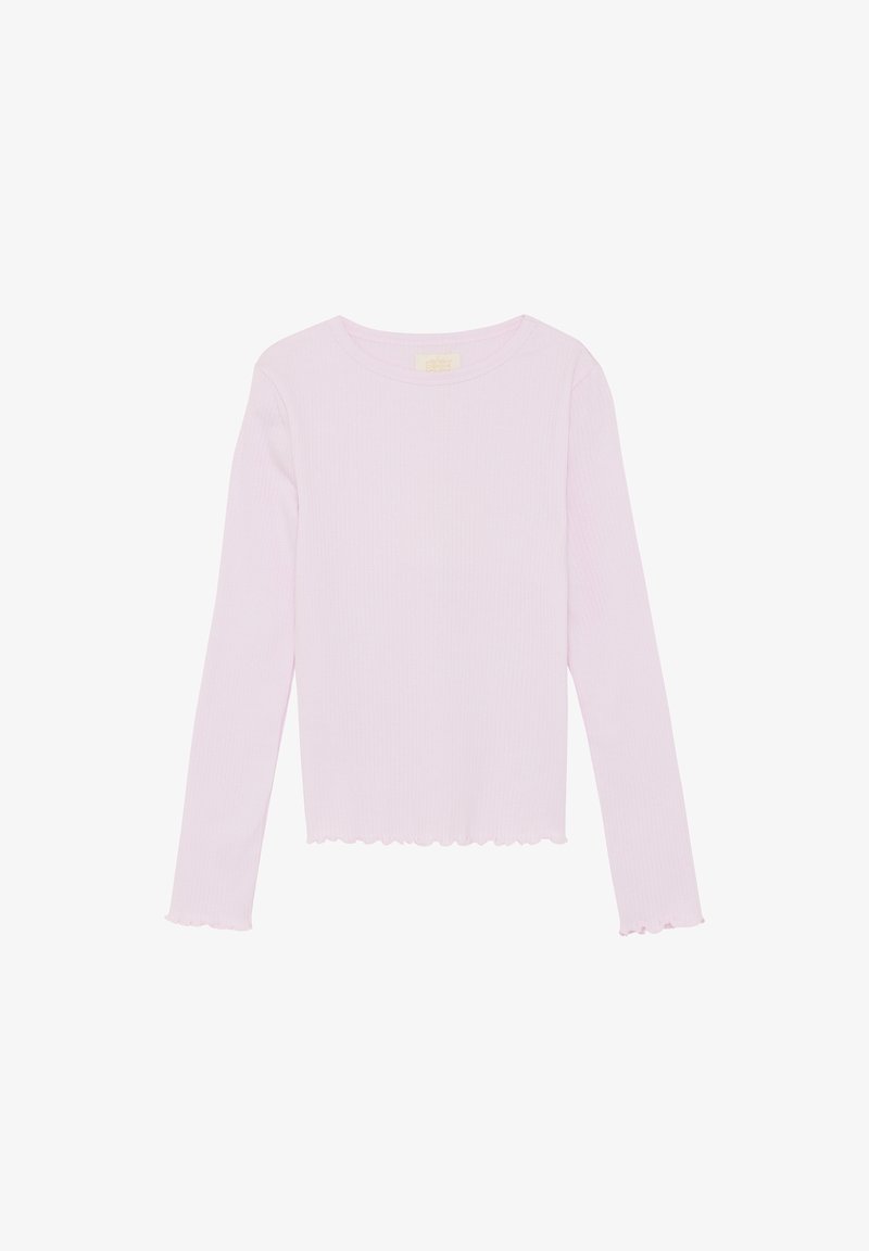 Top a maniche lunghe rosa chiaro in tessuto a costine con scollo rotondo e orlo smerlato. Design semplice con linea aderente, senza motivi visibili.