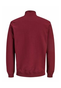 Viininpunainen huppari, jossa on korkea kaulus, pitkät hihat sekä resorit hihansuissa ja helmassa. Tasainen tekstuuri, yksinkertainen muotoilu ja ilman näkyvää varustusta.