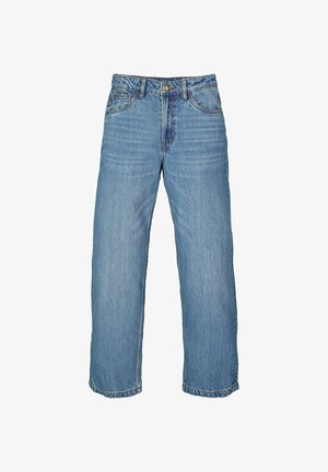 Light blue denim jeans, straight-leg design, five pockets, zip fly, and button closure. Distressed texture with subtle fading details.