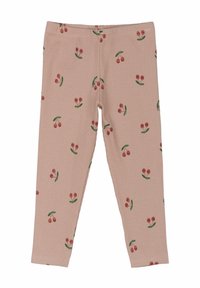 Välsittande, randiga, rosa leggings med ett blommönster av gröna blad och röda blommor. Elastisk midja, figurnära passform och mjuk textur.