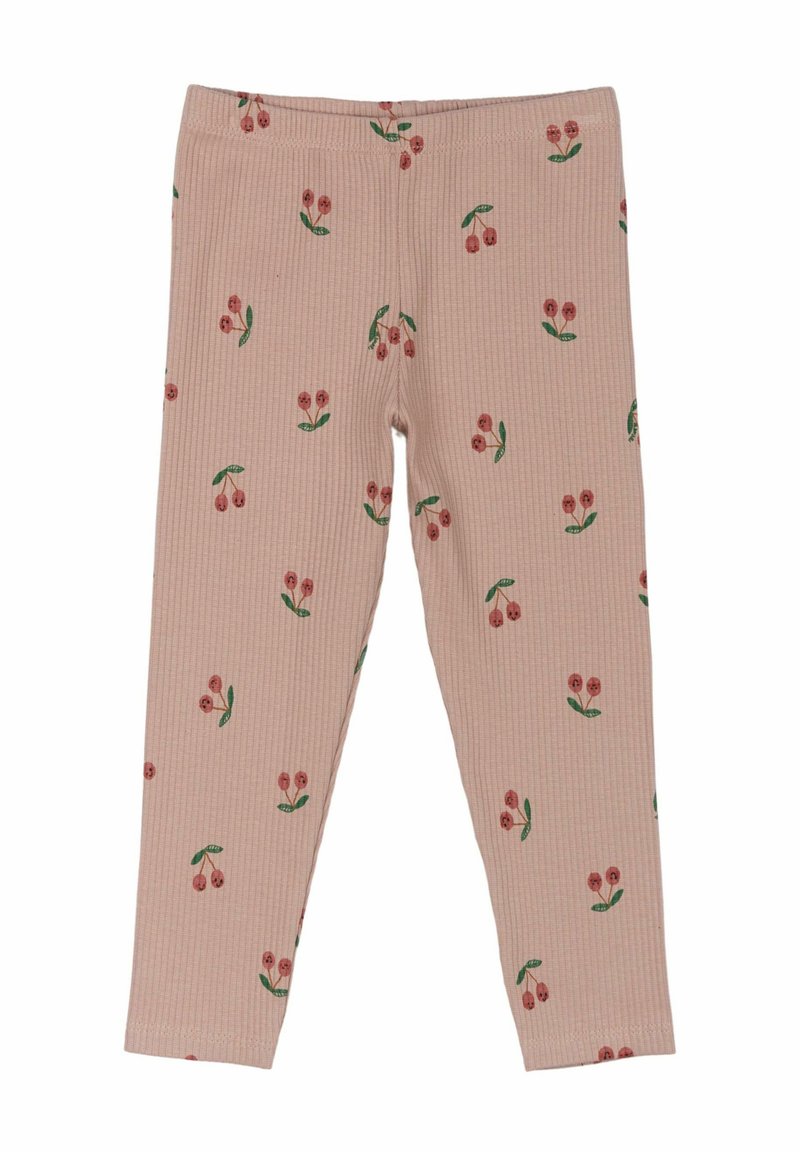 Välsittande, randiga, rosa leggings med ett blommönster av gröna blad och röda blommor. Elastisk midja, figurnära passform och mjuk textur.